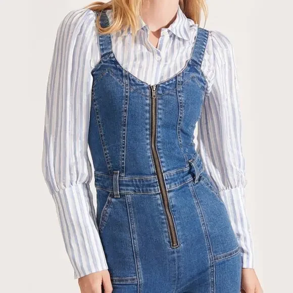 VERONICA BEARD Fayre Jumpsuit Denim Flare Leg Front Zip V Neck Blue NWT